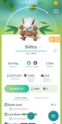 SHIFTRY + 3 MOVES UNLOCKED + LEGACY BULLET SEED ||| Seedot Evolution - Pokemon Go Services