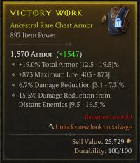 Rare Armor - 19% Total Armor / 873 Life / 6.7% Damage Reduction / 15.5% Damage Reduction from Distant Enemies