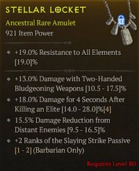 lvl 80 Amulet/+2Ranks of the Slaying Strike Passive +15.5%Damage reduction from Distant Enemies/A+++
